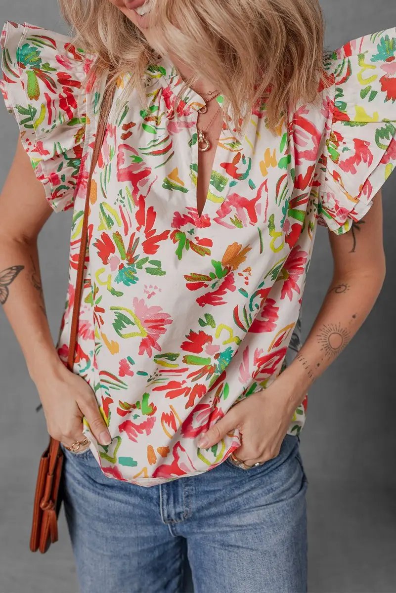 Multicolour Allover Floral Printed Flutter Sleeve Blouse - Love Salve